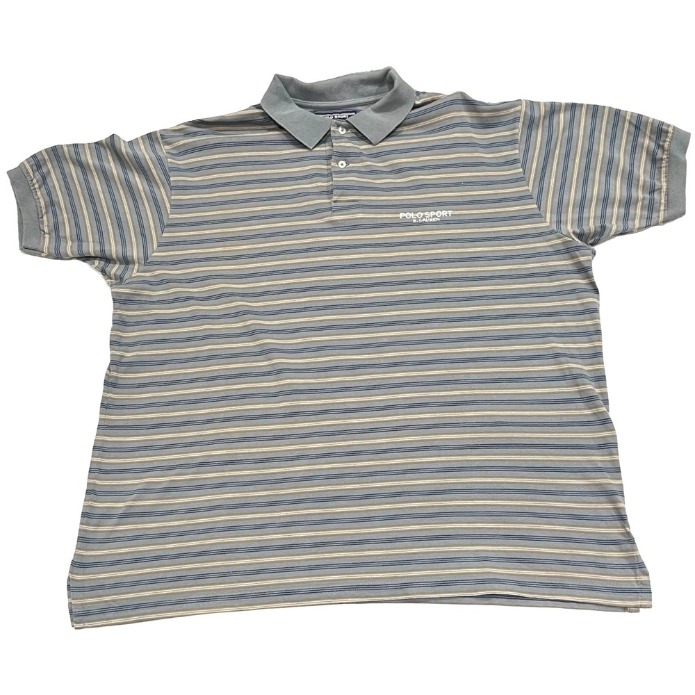 Polo Sport Ralph Lauren Mens XXL Striped Short Sleeve Polo Shirt Blue Grey Tan